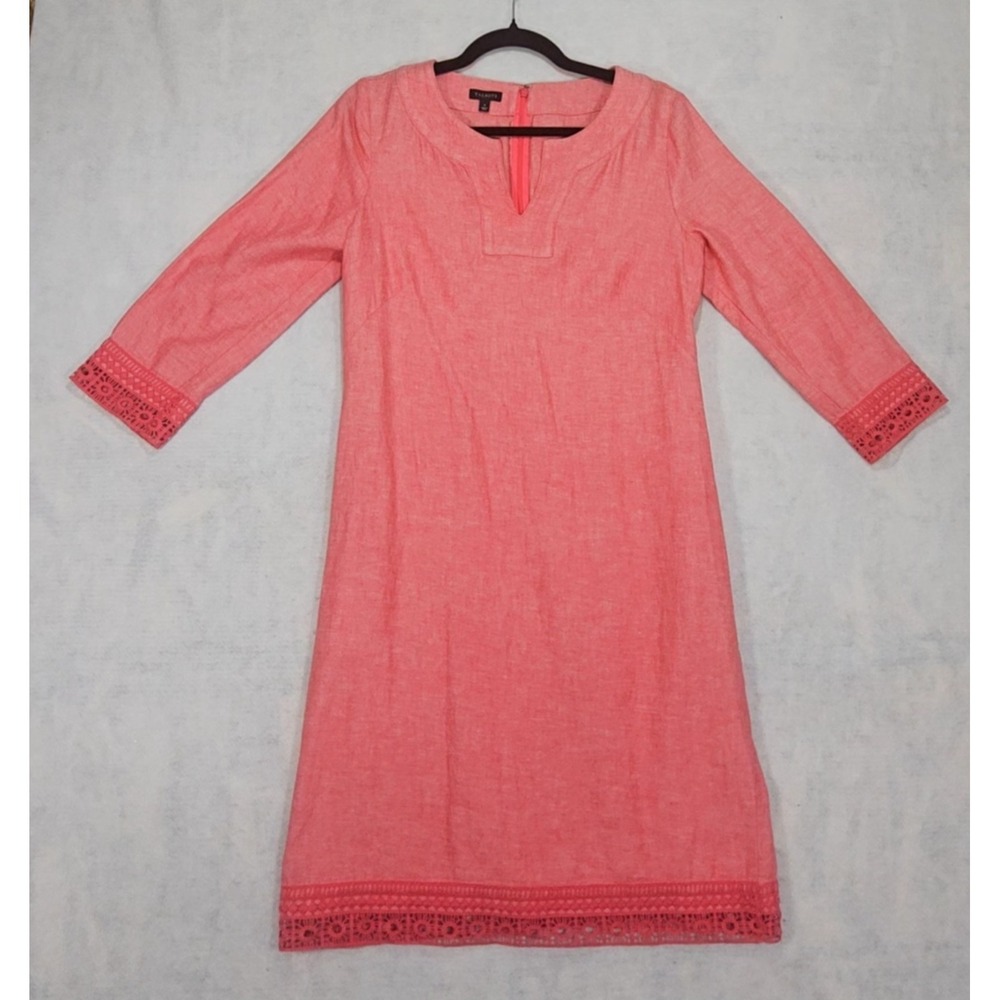 Talbots Linen Dress Sz 4 Anokhi Shift Crochet Coral Pink Midi Boho Hippie Spring